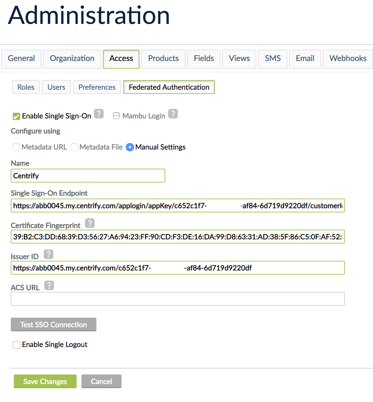 Mambu Adminsistration screen with all relevant fields filled in